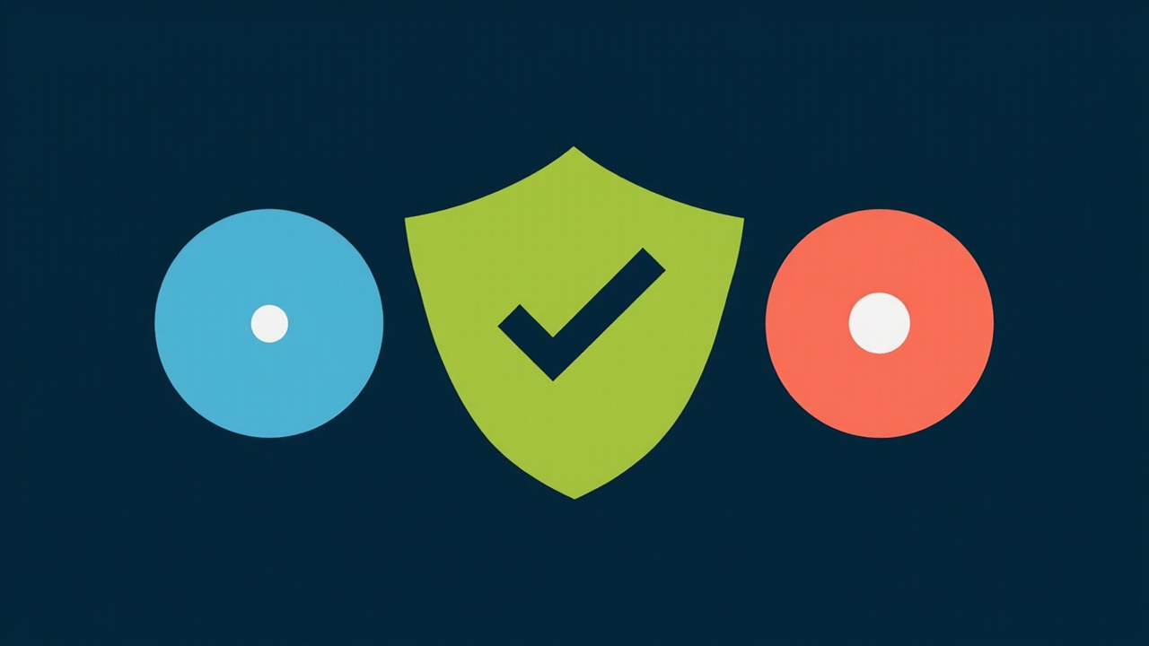 Bold flat vector: cyan and coral circles with a lime shield between them on dark navy — representing AI vs human balance