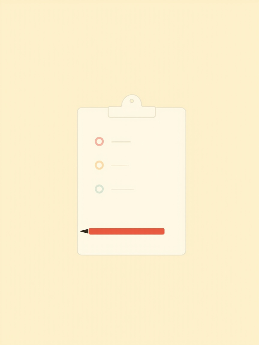 A simple clipboard with three circle bullets and three horizontal lines on a warm cream background — the top circle is filled deep red, the other two are near-black outlines, and a small red pencil rests beside the clipboard. Represents the three numbers a bootstrapped founder actually needs to track.