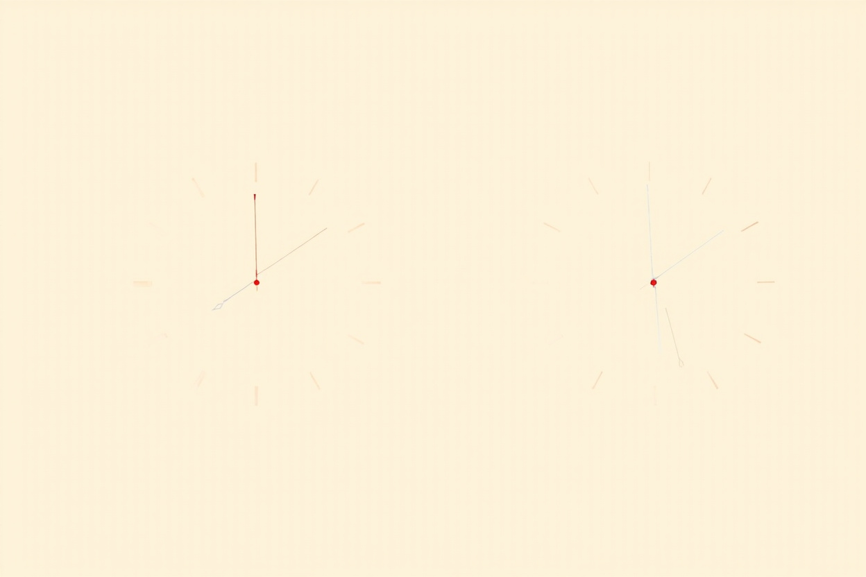 Two minimalist analog clock faces drawn side by side on a warm cream background — one slightly larger and lifted, one smaller and lower, both with thin tick marks and no numerals, each with a thin red second hand