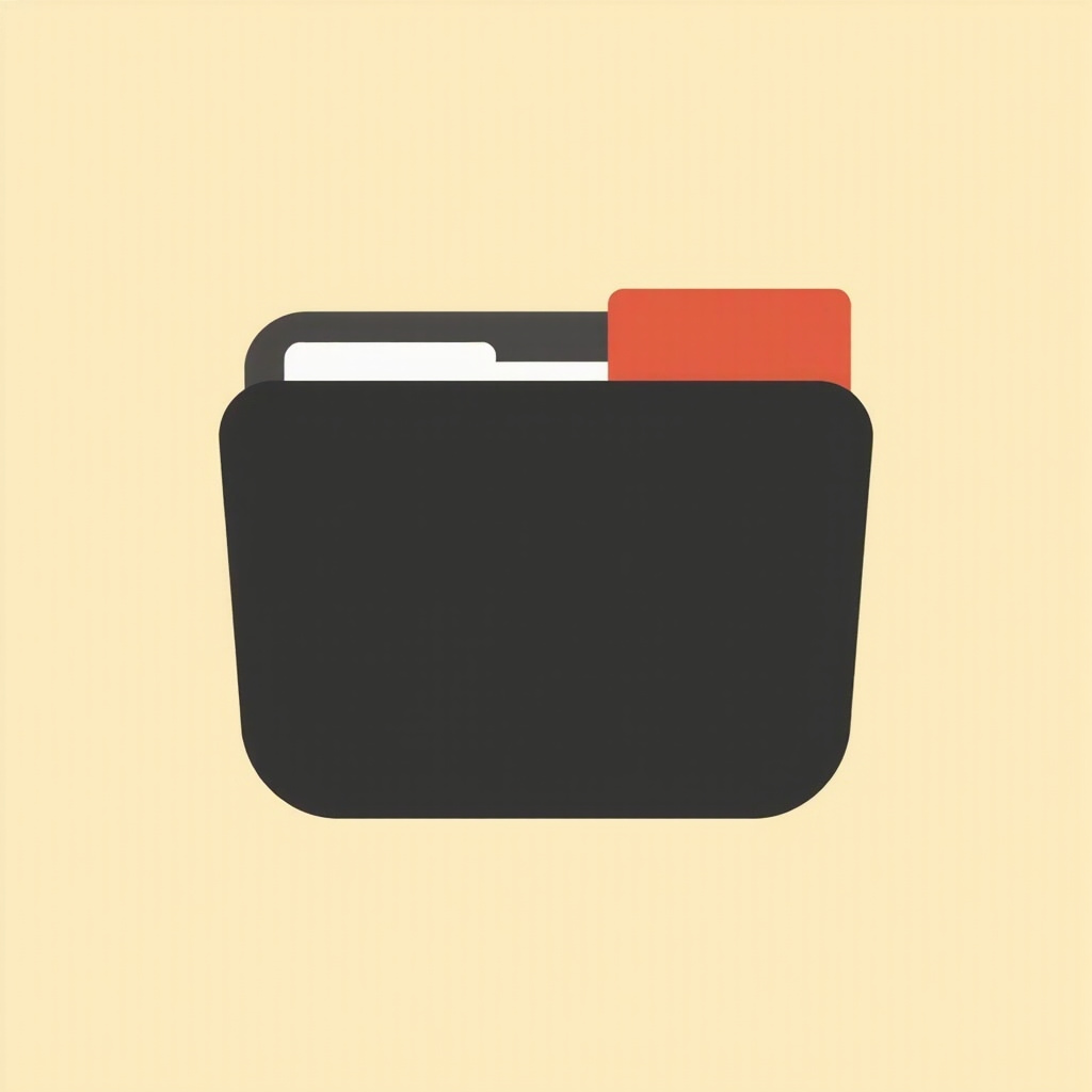 A single flat vector folder icon on a warm cream background — a near-black rounded rectangle with one small folded corner tab at the top-right and a small deep-red square accent in the corner, representing cached or reusable saved content
