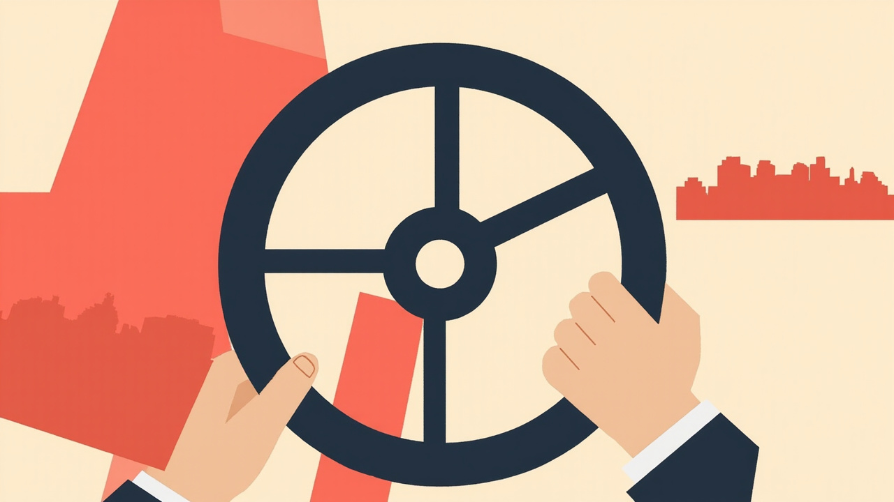 A steering wheel — symbolic of who controls AI's direction: corporations, governments, or all of us
